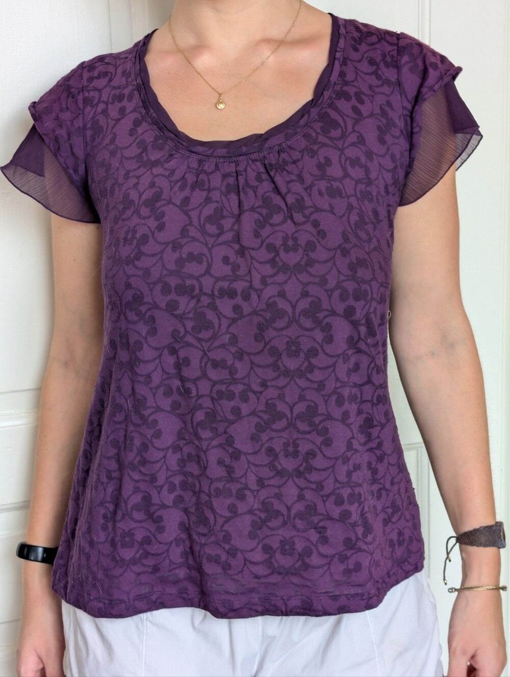 Willi Smith Purple Sheer Flutter Sleeve Top